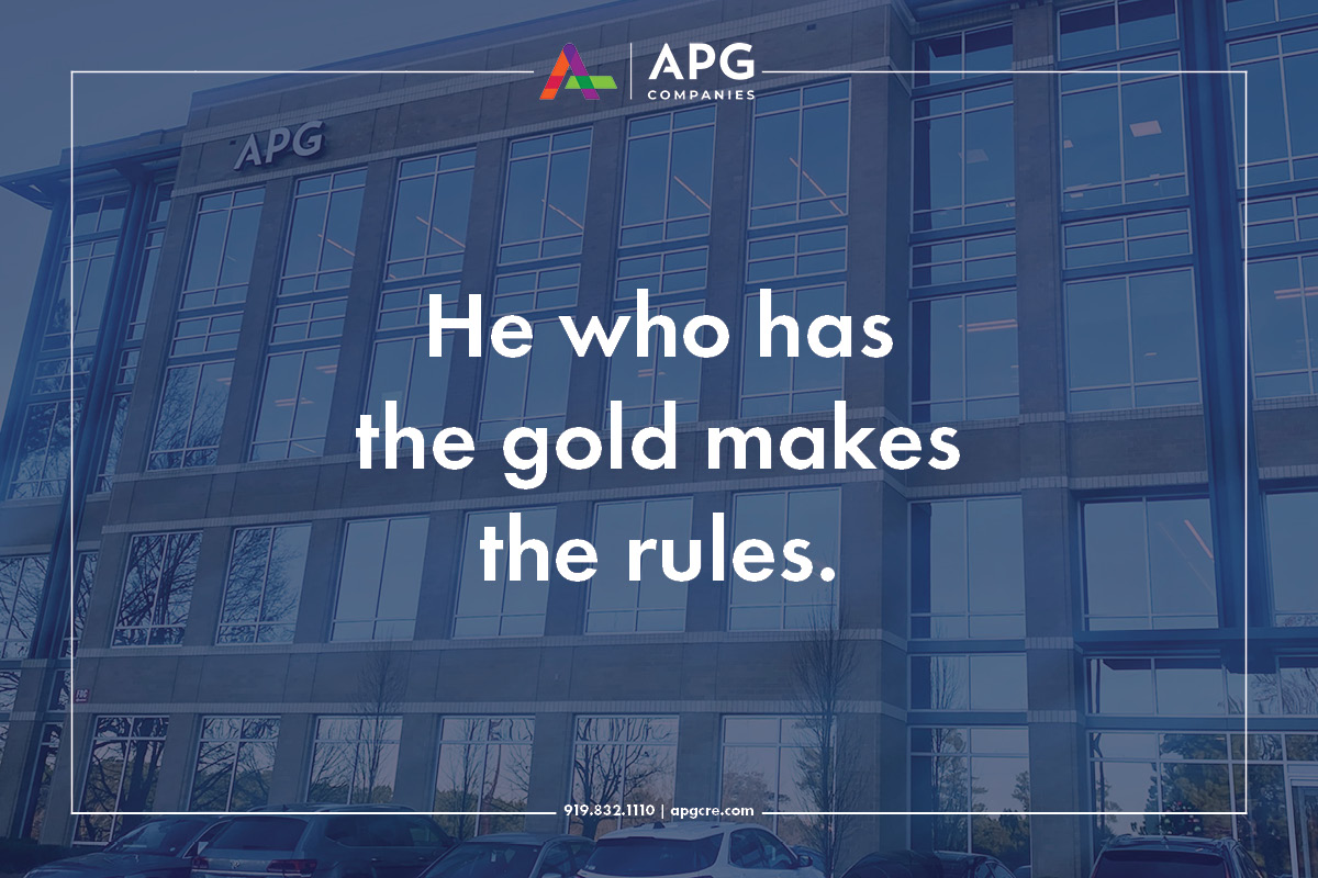 Image of building at 1201 Edwards Mill Road with the words "He who has the gold makes the rules" overlaid.